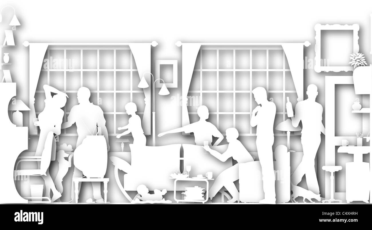 Découpes illustrée d'une réunion de famille dans un salon avec des ombres portées Banque D'Images