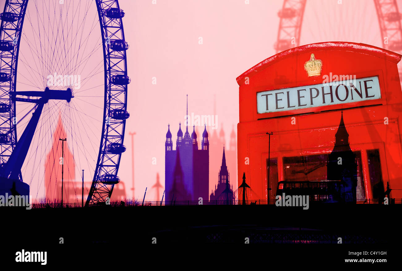 Montage avec funky London Eye, Big Ben, Westminster Abbey et London Bus boîte de téléphone rouge avec effet affiche graphique. Banque D'Images