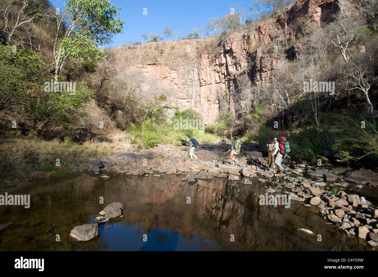 Balade throuhg une gorge dans le parc national du Zimbabwe Chizarira Banque D'Images