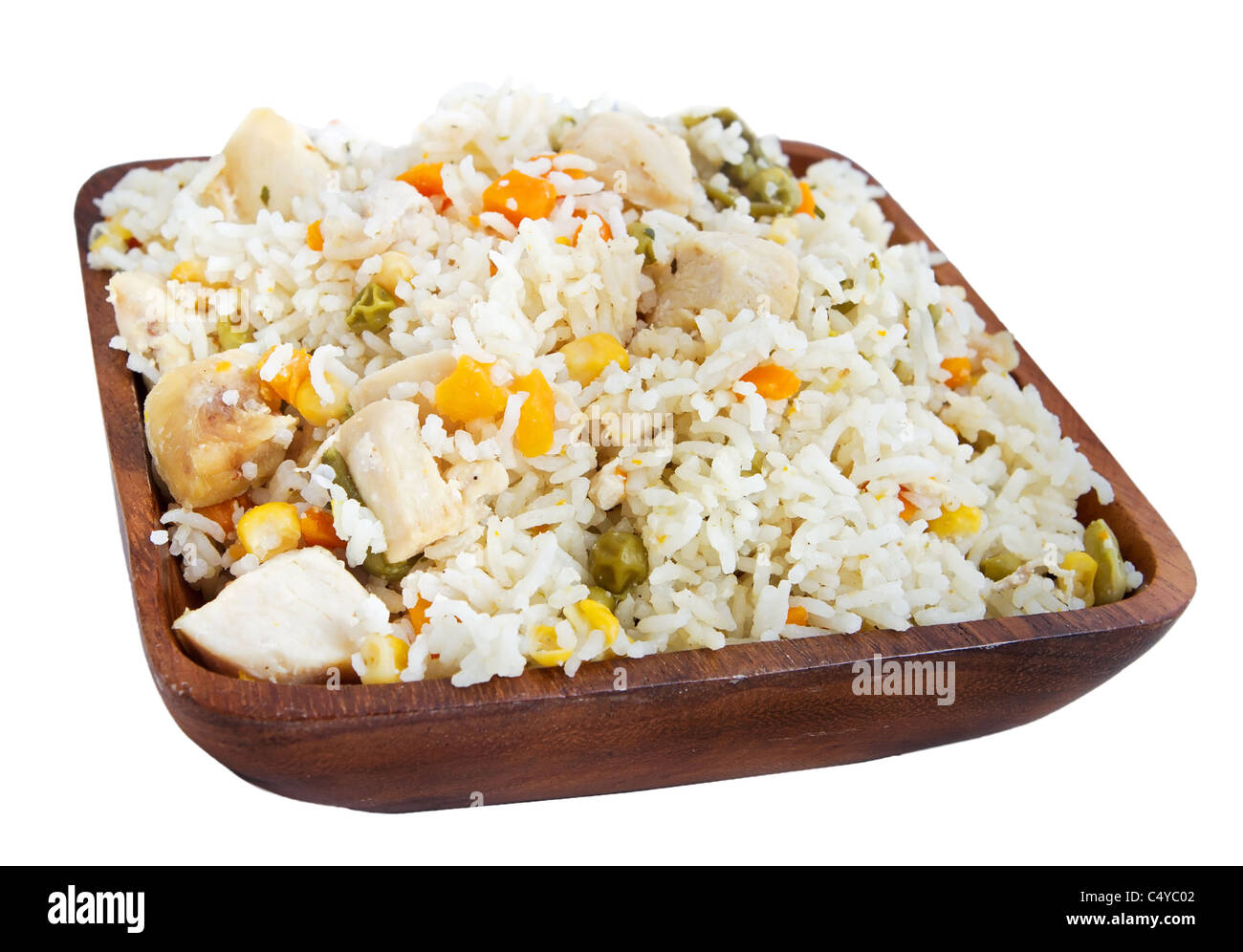 Bol de riz au poulet et le dîner sur fond blanc Banque D'Images