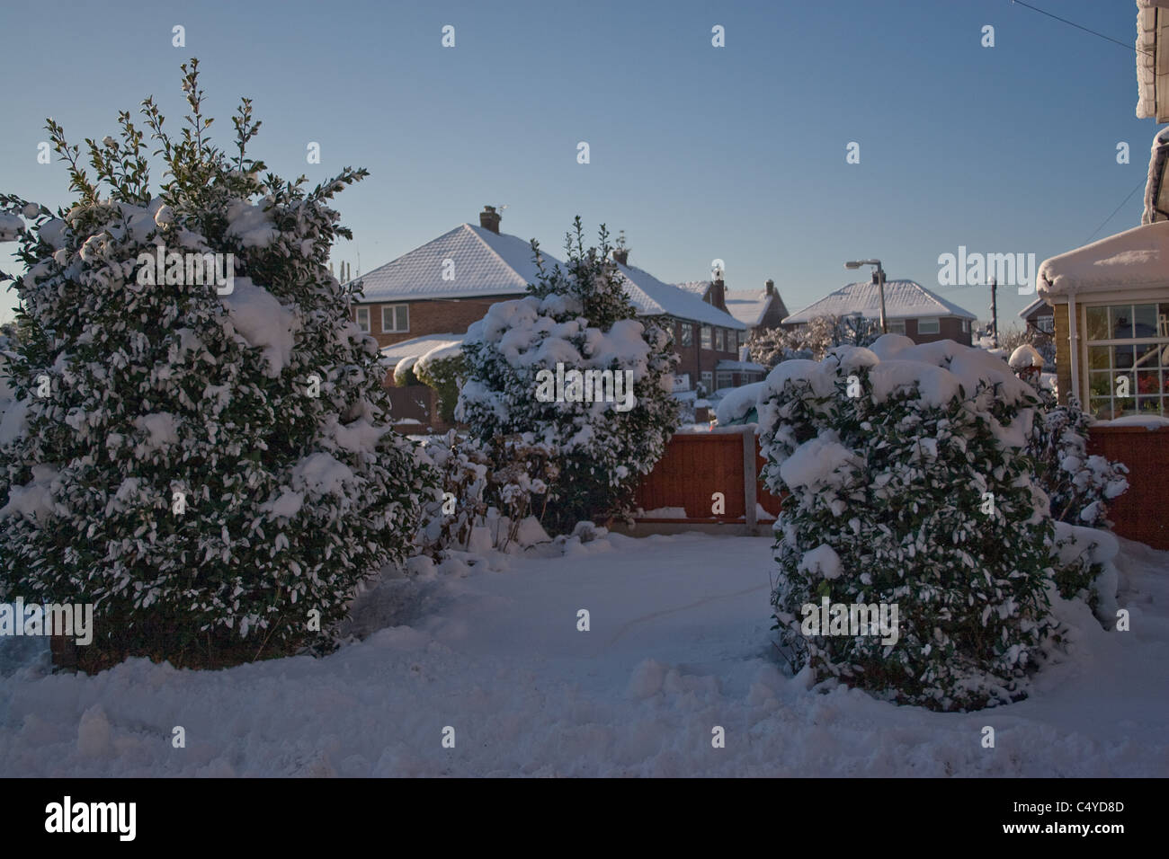 Le jardin couvert de neige, arbres, toits, bleu ciel. Banque D'Images