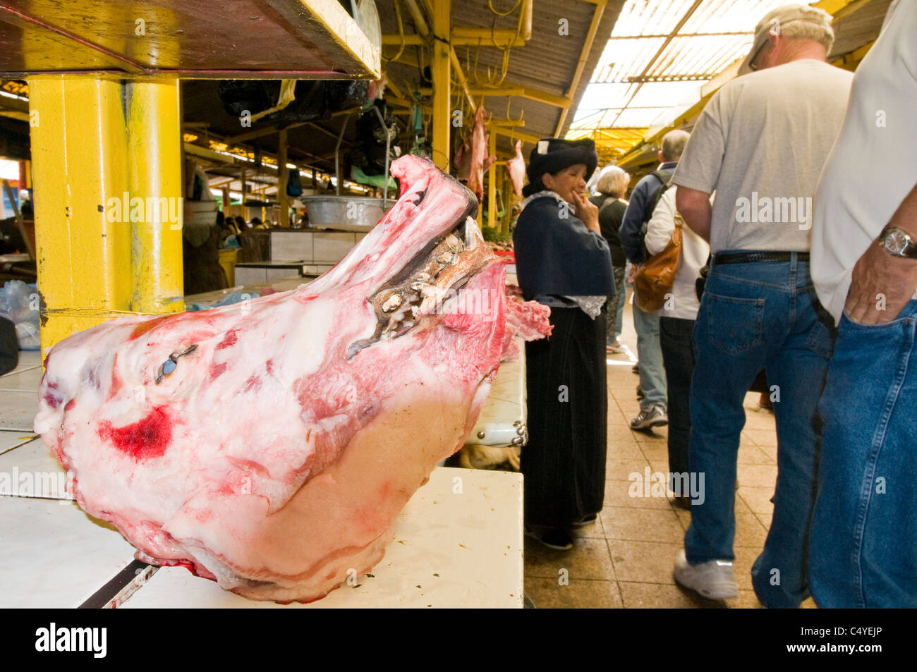 Tête de sanglier écorché en marché en plein air d'Otavalo Équateur Banque D'Images