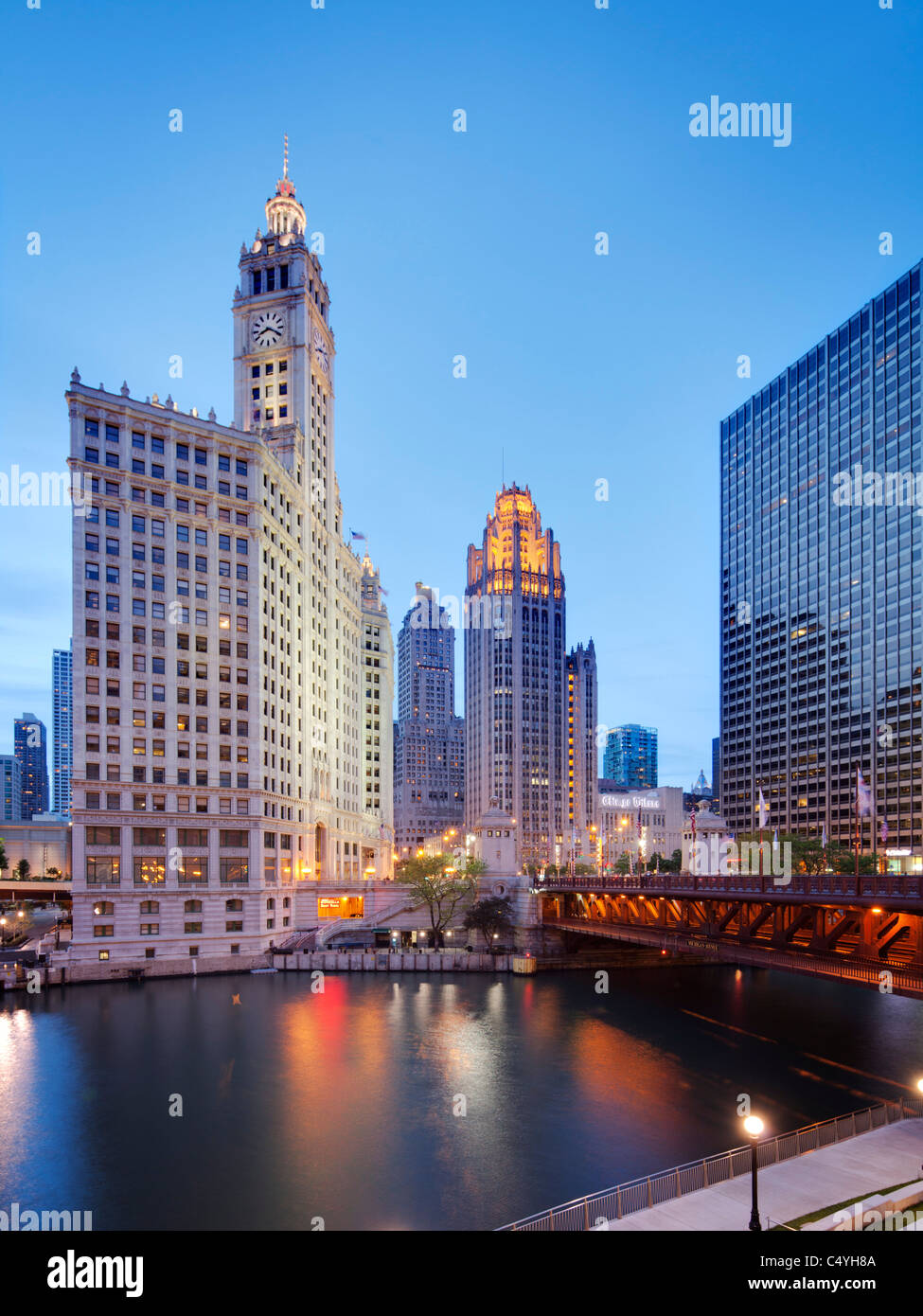 Wrigley Building, Tribune Tower, Chicago River, Illinois Banque D'Images