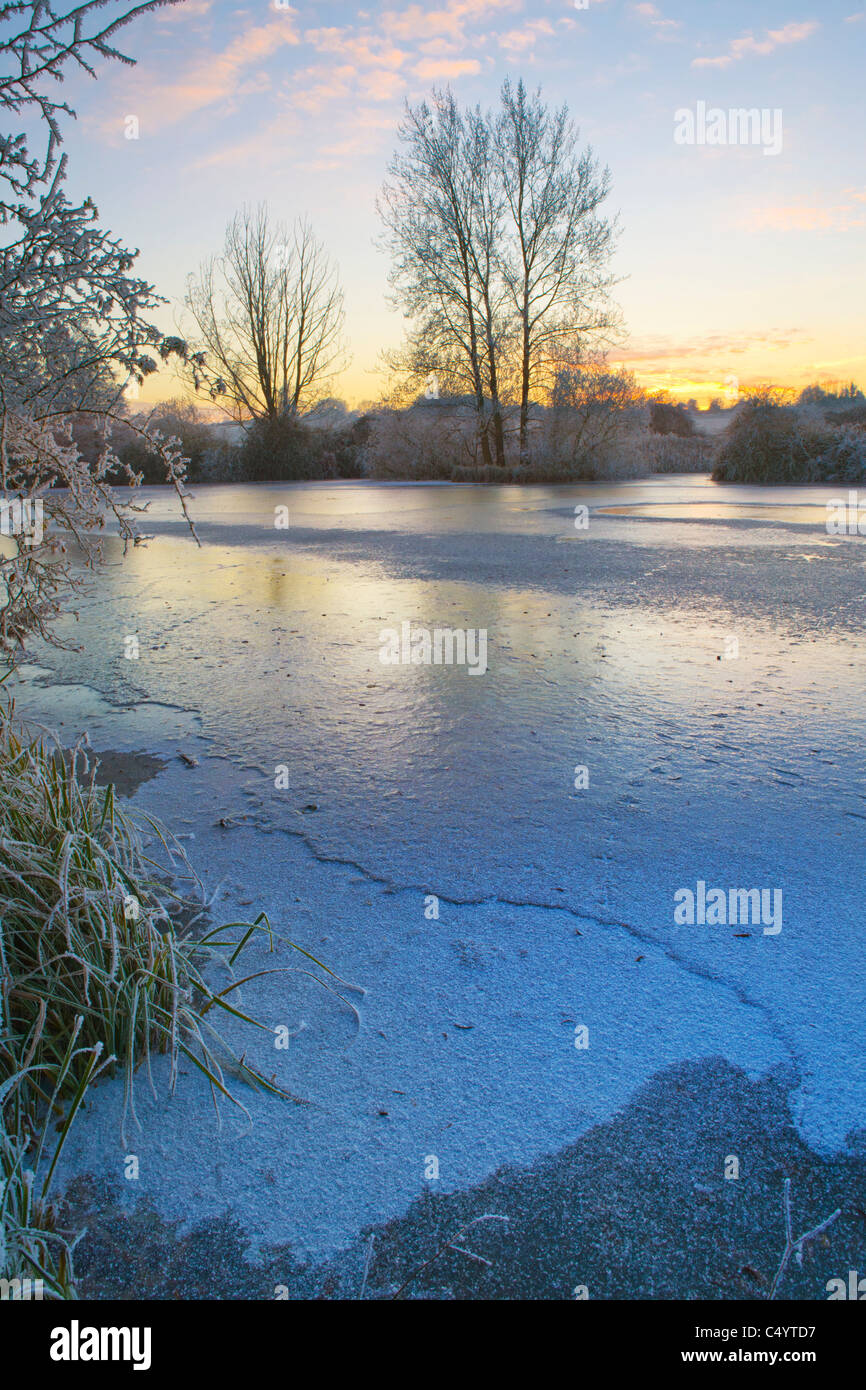 Coucher du soleil illumine et reflète dans un étang couvert de glace dans la campagne UK Banque D'Images