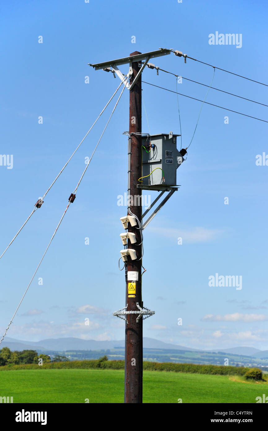 Transformateur d'électricité sur mât et les lignes électriques. La Praz, Cumbria, Angleterre, Royaume-Uni, Europe. Banque D'Images