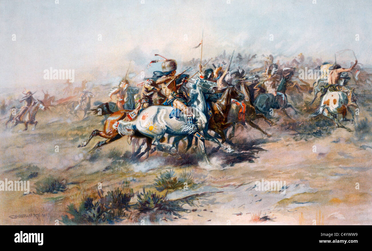 L'encerclement indien du général Custer à la bataille de Little Big Horn. Custer's Last Stand. Banque D'Images L'encerclement indien du général Custer à la bataille de Little Big Horn. Custer's Last Stand. Banque D'Images