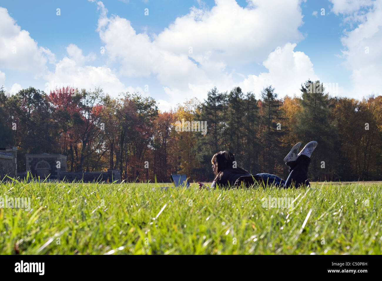Un jeune étudiant en utilisant son ordinateur portable en utilisant le campus accès internet wi-fi tout en jetant dans l'herbe par une belle journée. Banque D'Images