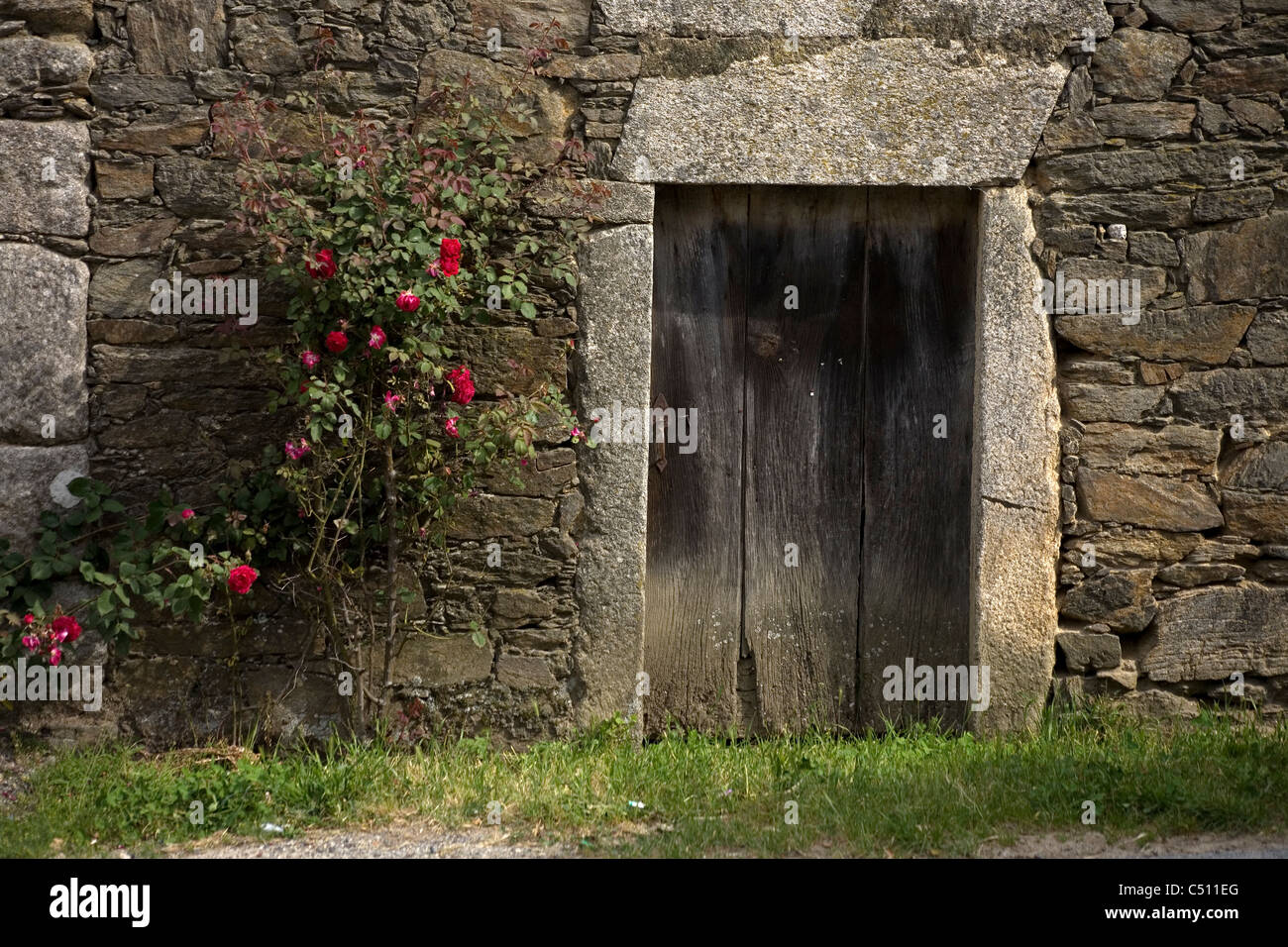 Une maison en pierre est décorée avec des fleurs rouges dans la française de Saint James Way, Galice Banque D'Images