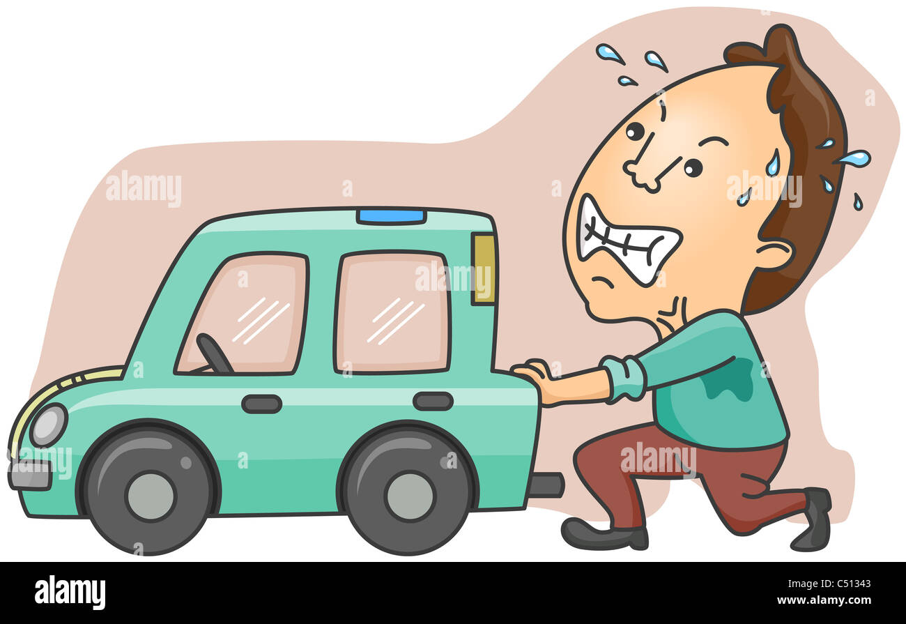Man Pushing Broken voiture avec clipping path Banque D'Images