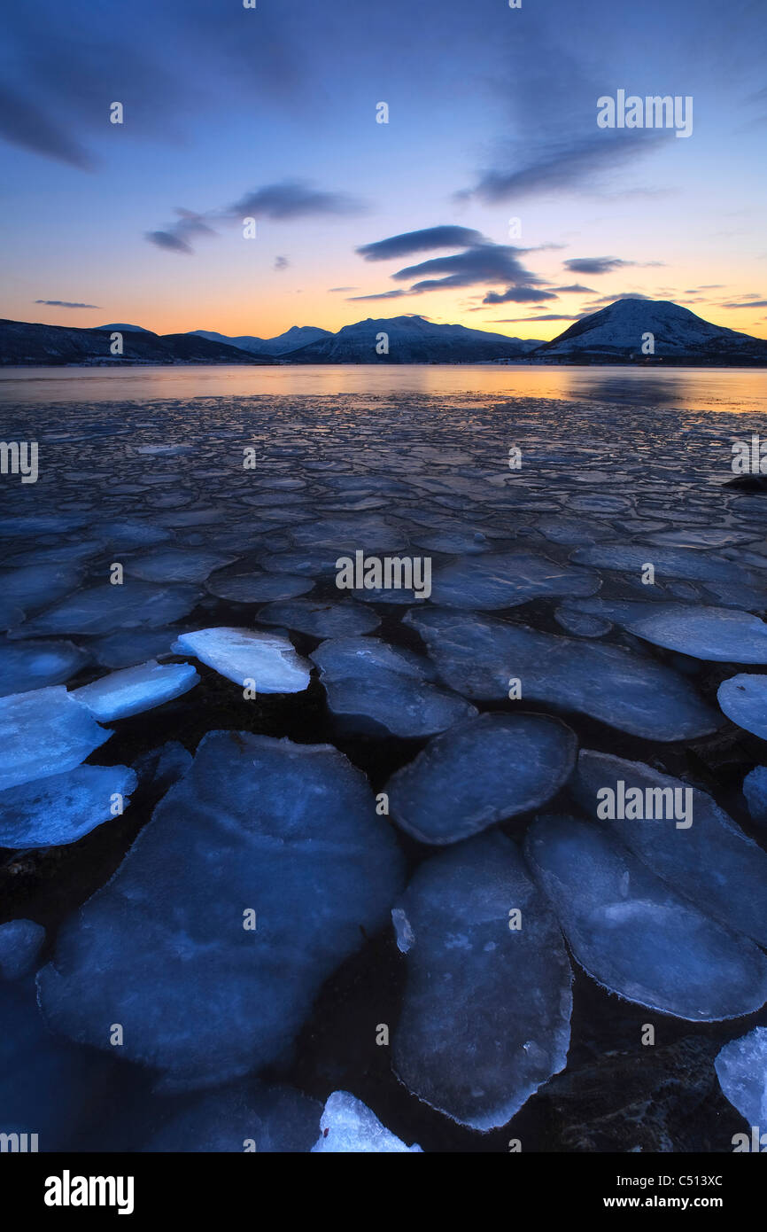 Flocons de glace dérive vers les montagnes sur l'Île Tjeldoya, la Norvège. Banque D'Images