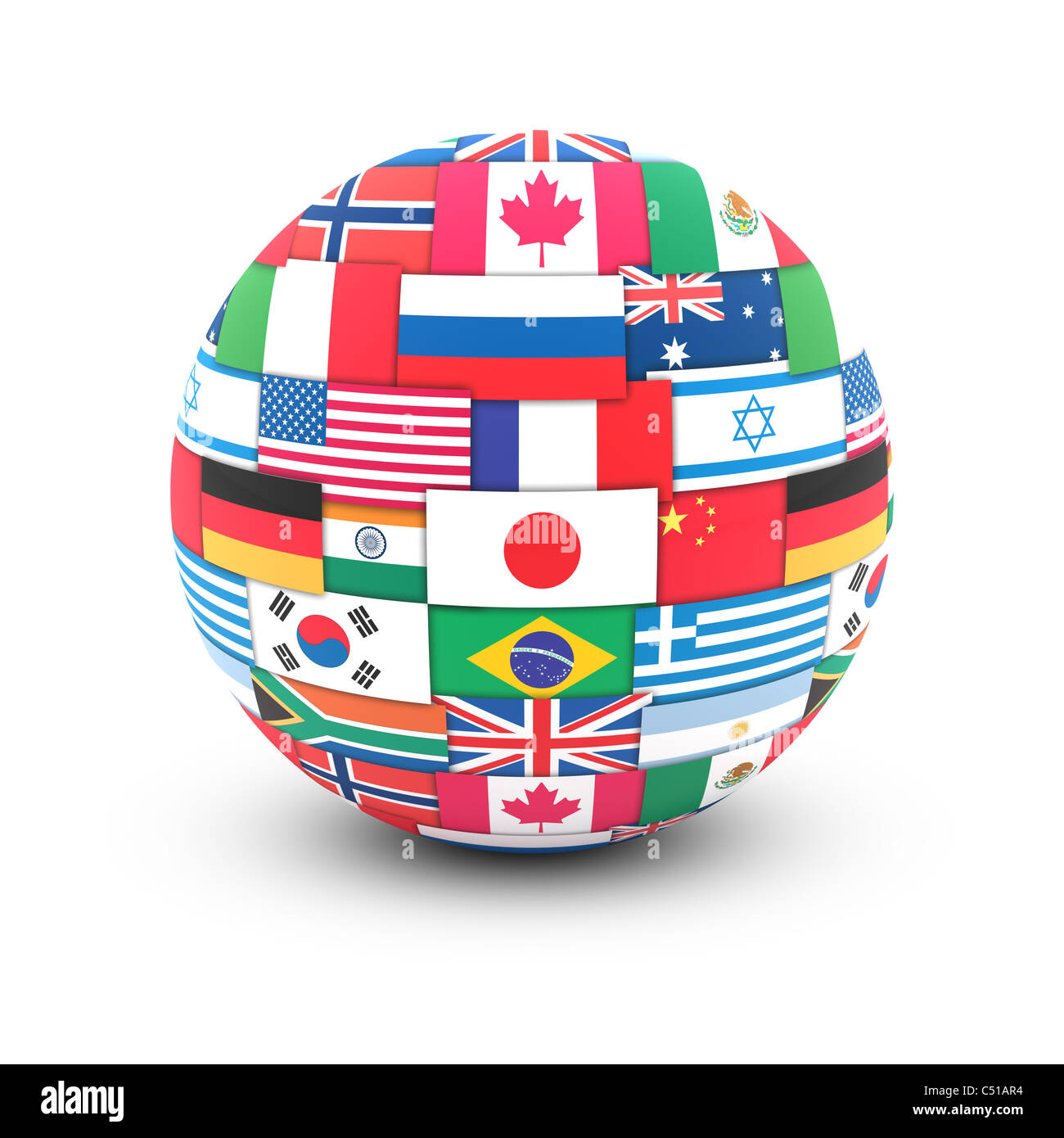 Concept de communication internationale. Drapeaux du monde sur globe Banque D'Images