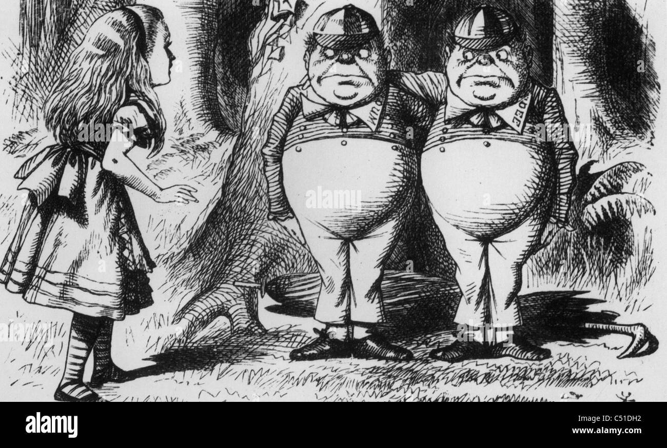 À TRAVERS LE MIROIR - Alice rencontre Tweedledum et bonnet comme illustré par John Tenniel dans le 1871 Banque D'Images
