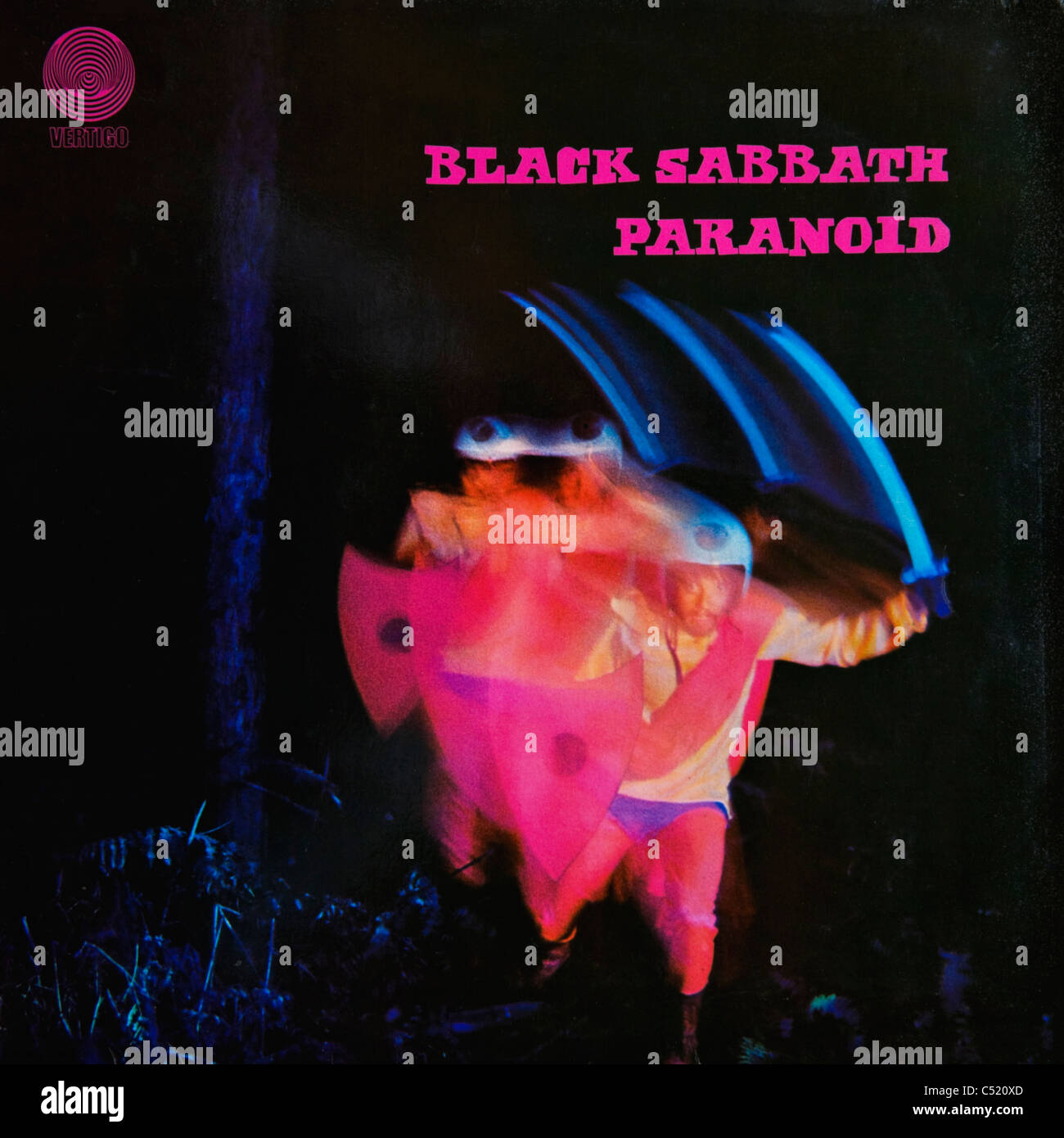 Couverture de l'album vinyle Paranoid de Black Sabbath 1970 parution sur Throatruiner Records Banque D'Images