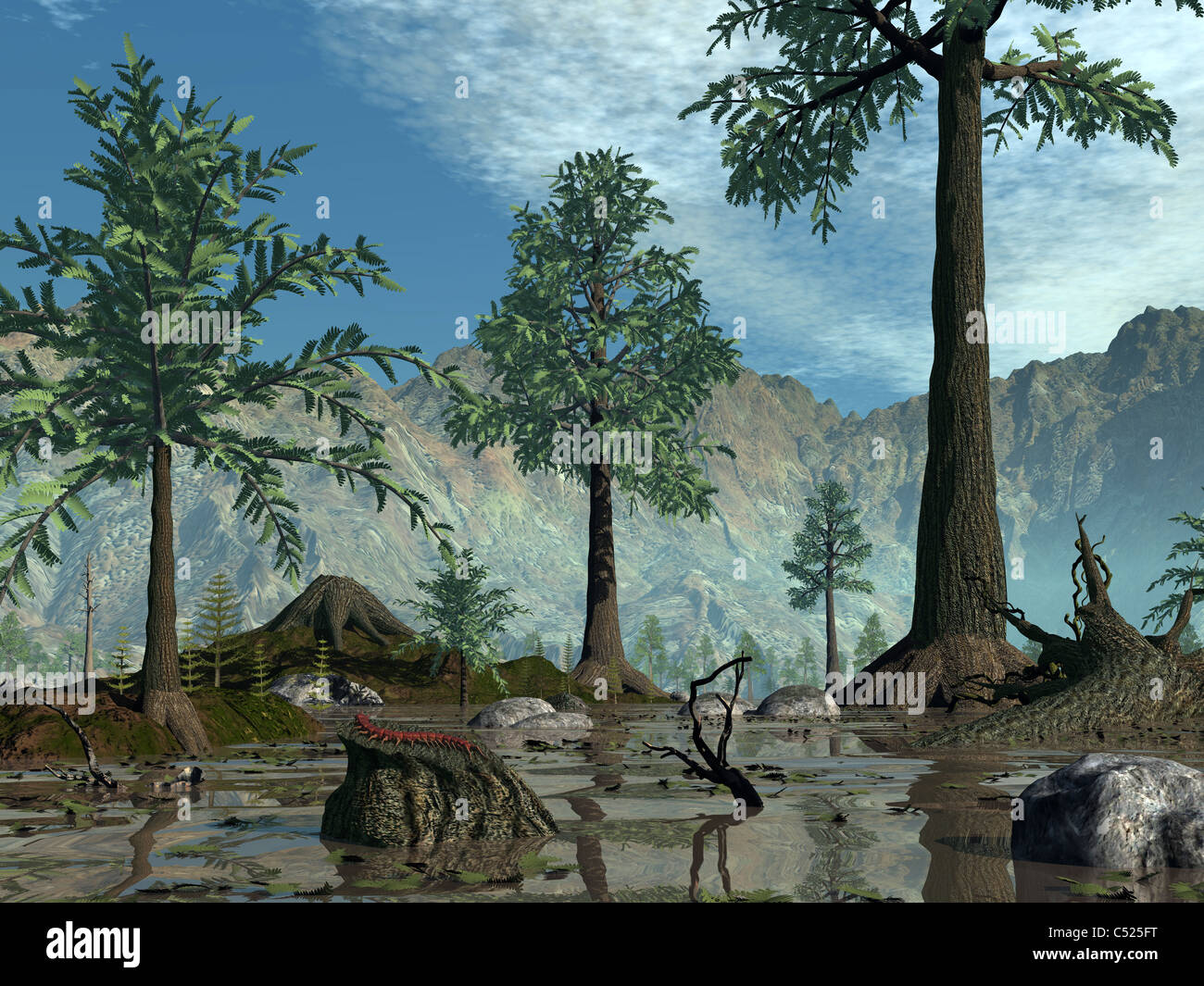 Les premiers arbres commencent à peupler la terre près de la fin de la période dévonienne. Banque D'Images