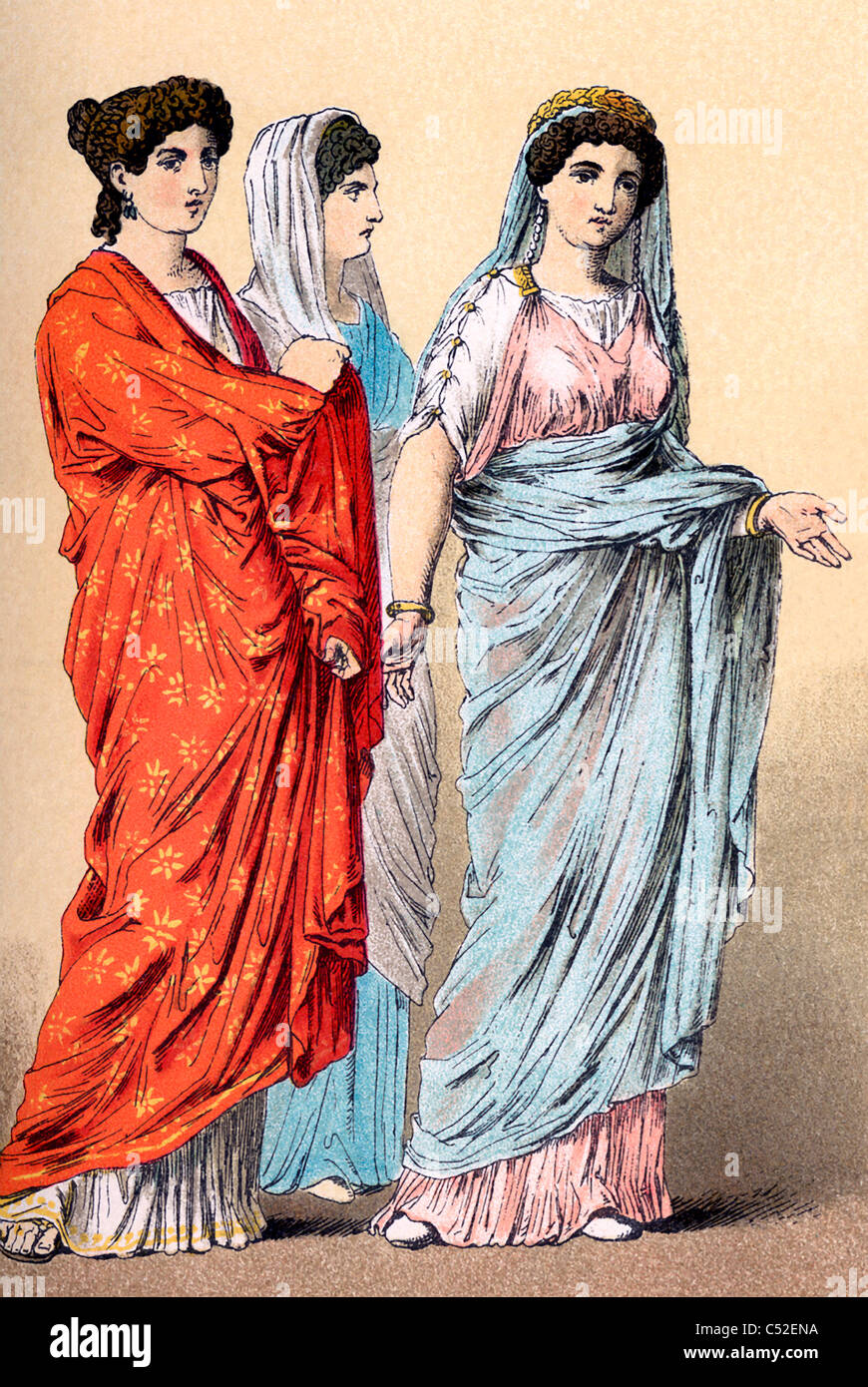 Robe de femme romaine à la fin de l'époque impériale et républicaine (autour de 100 avant J.-C. à 100 après J.-C.). Remarque les coiffures. Banque D'Images