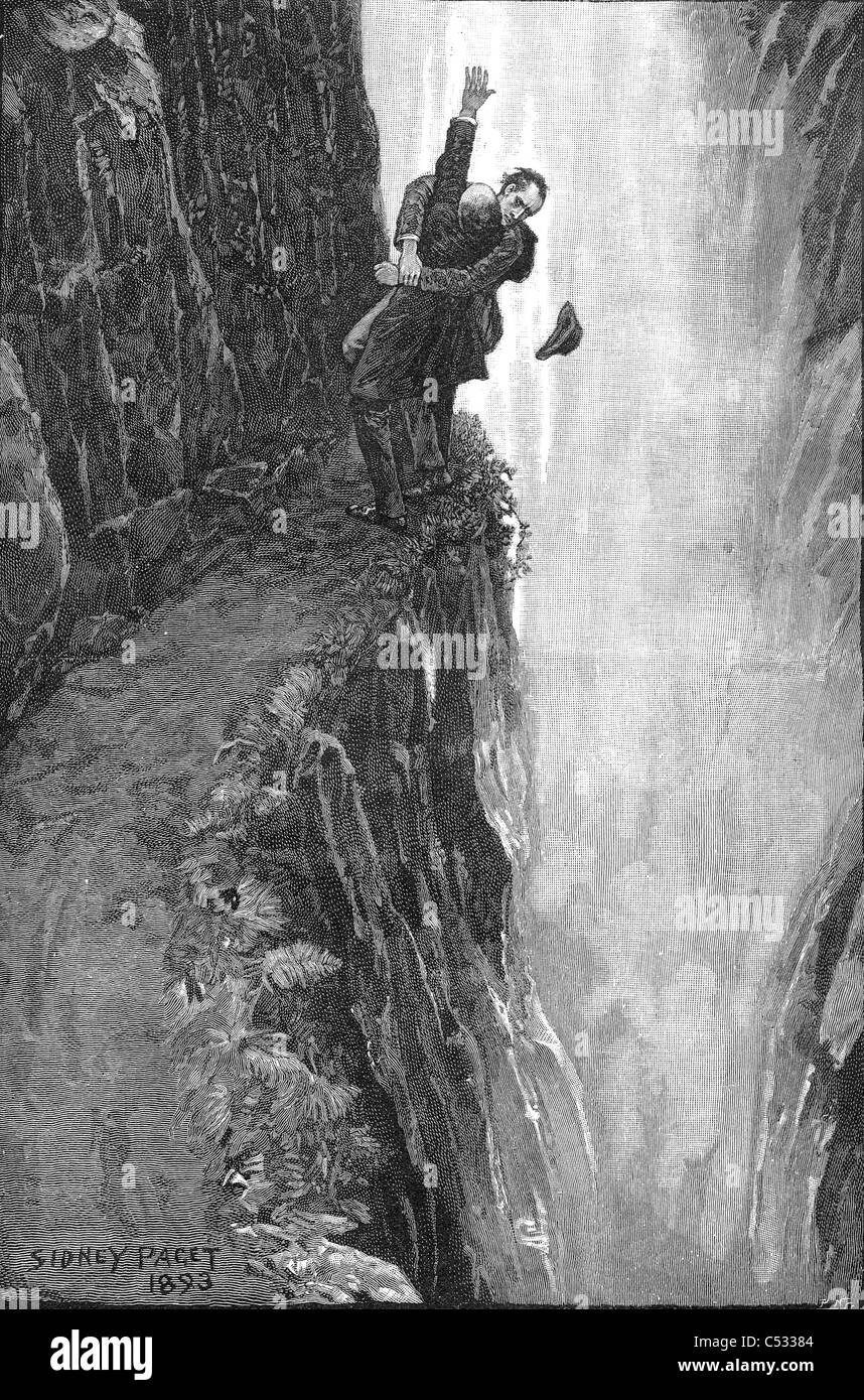 SHERLOCK HOLMES et Moriarty sur la lutte contre les chutes de Reichenbach dessiné par Sidney Paget pour "Le dernier problème" publié en 1893 Banque D'Images