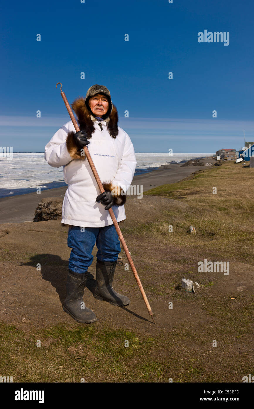 Esquimau inupiak tenant un bâton de marche à l'ancienne Utkeagvik site ville d'origine donnant sur la mer de Tchoukotka, Barrow, Alaska Banque D'Images