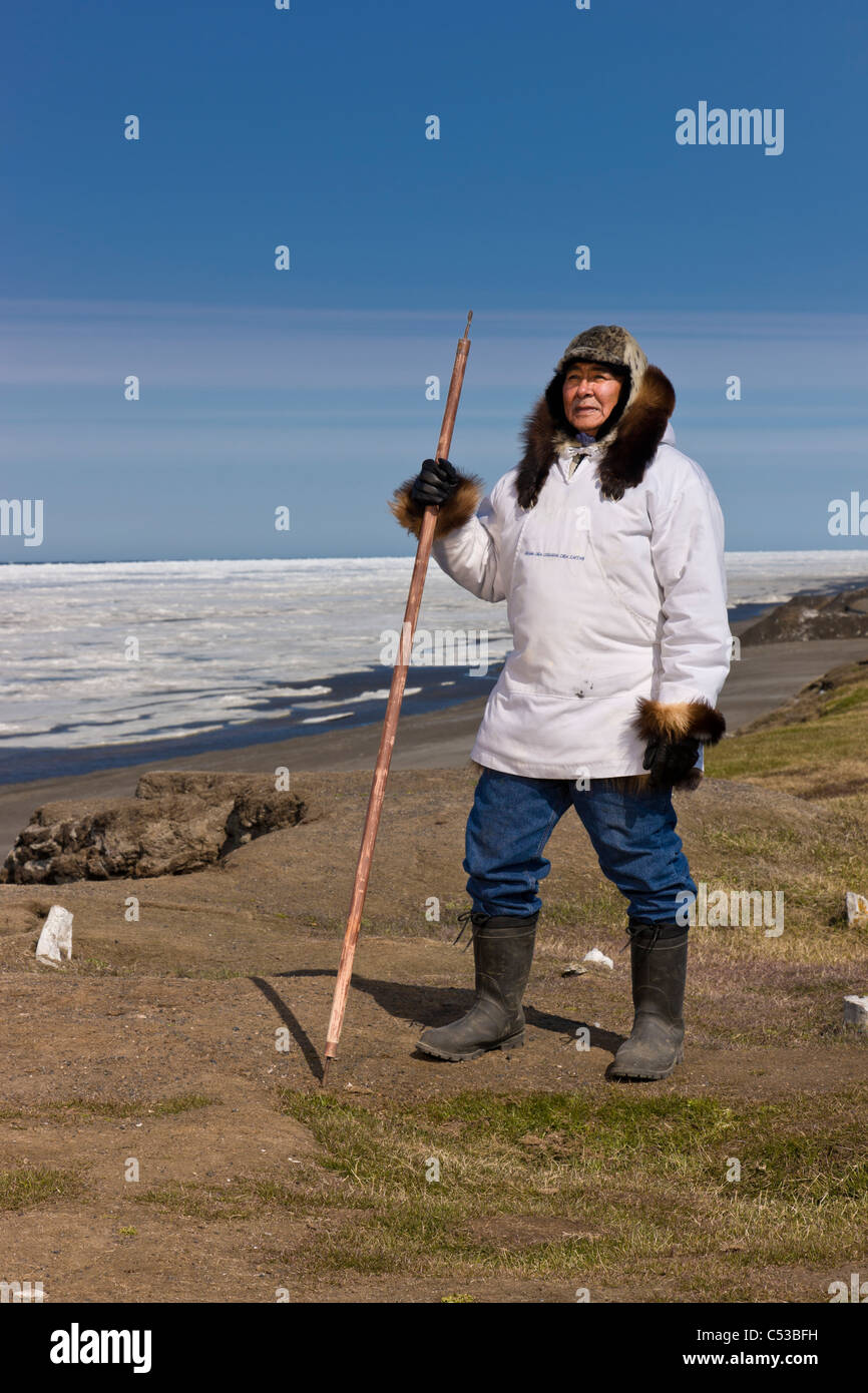 Esquimau inupiak tenant un bâton de marche à l'ancienne Utkeagvik site ville d'origine donnant sur la mer de Tchoukotka, Barrow, Alaska Banque D'Images