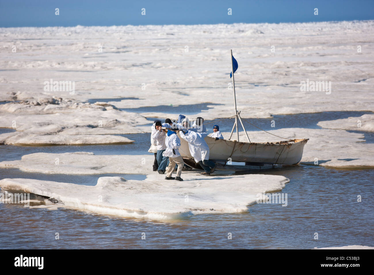 L'équipage de l'umiaq pousse leur chasse au large de la glace de mer Chuchki à la fin de la saison de chasse du printemps à Barrow, Alaska arctique, l'été Banque D'Images