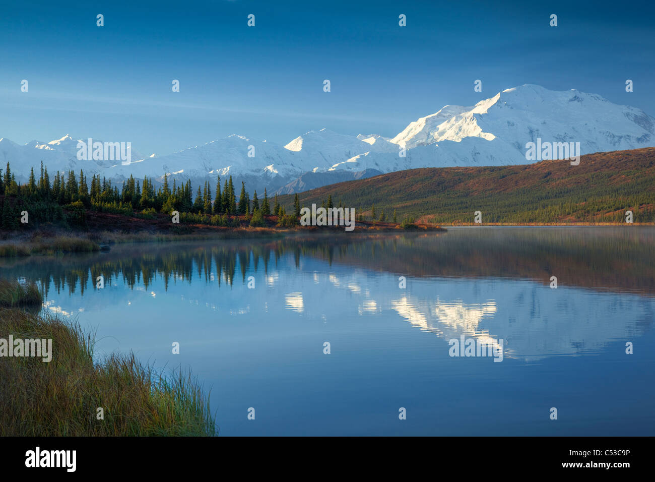 Paysage panoramique du mont. McKinley et Wonder Lake dans la matinée, le parc national Denali, l'intérieur de l'Alaska, de l'automne. HDR Banque D'Images