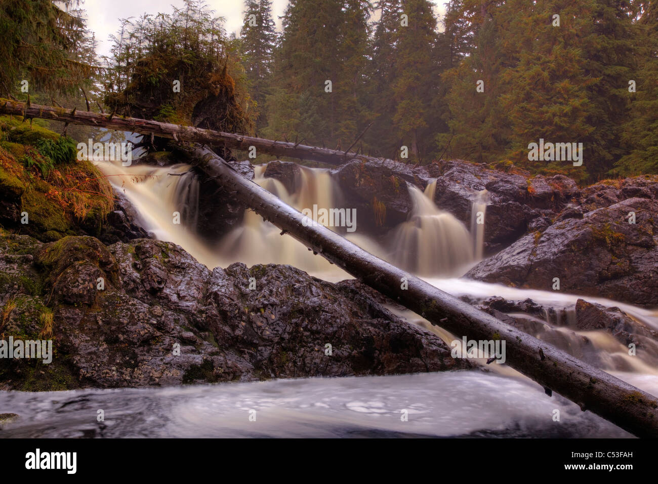 Vue panoramique des chutes du ruisseau d'écloserie, l'Île du Prince de Galles, le sud-est de l'Alaska, l'été. HDR Banque D'Images