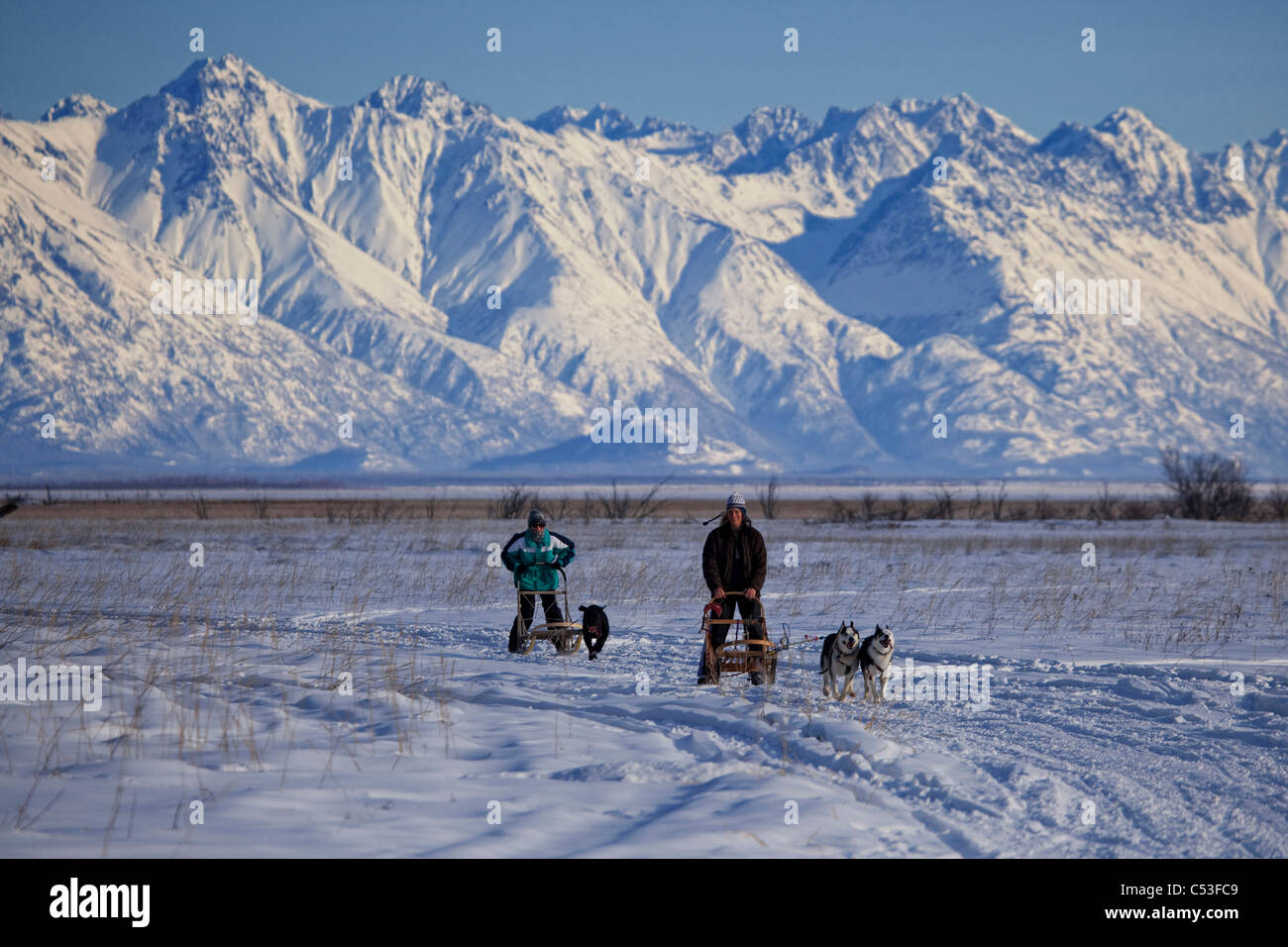 Deux chiens de traineaux mushers loisirs près de Wasilla avec Chugach montagnes en arrière-plan, Mat-Su Valley, Alaska, Winter Banque D'Images