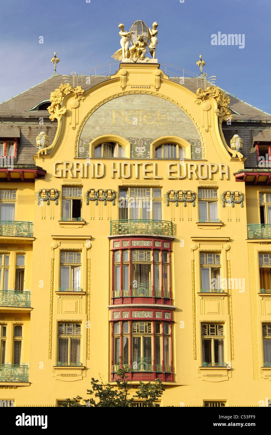 Bâtiment art déco sur la place Venceslas, le Grand Hotel Europa, Prague, République Tchèque, Europe Banque D'Images