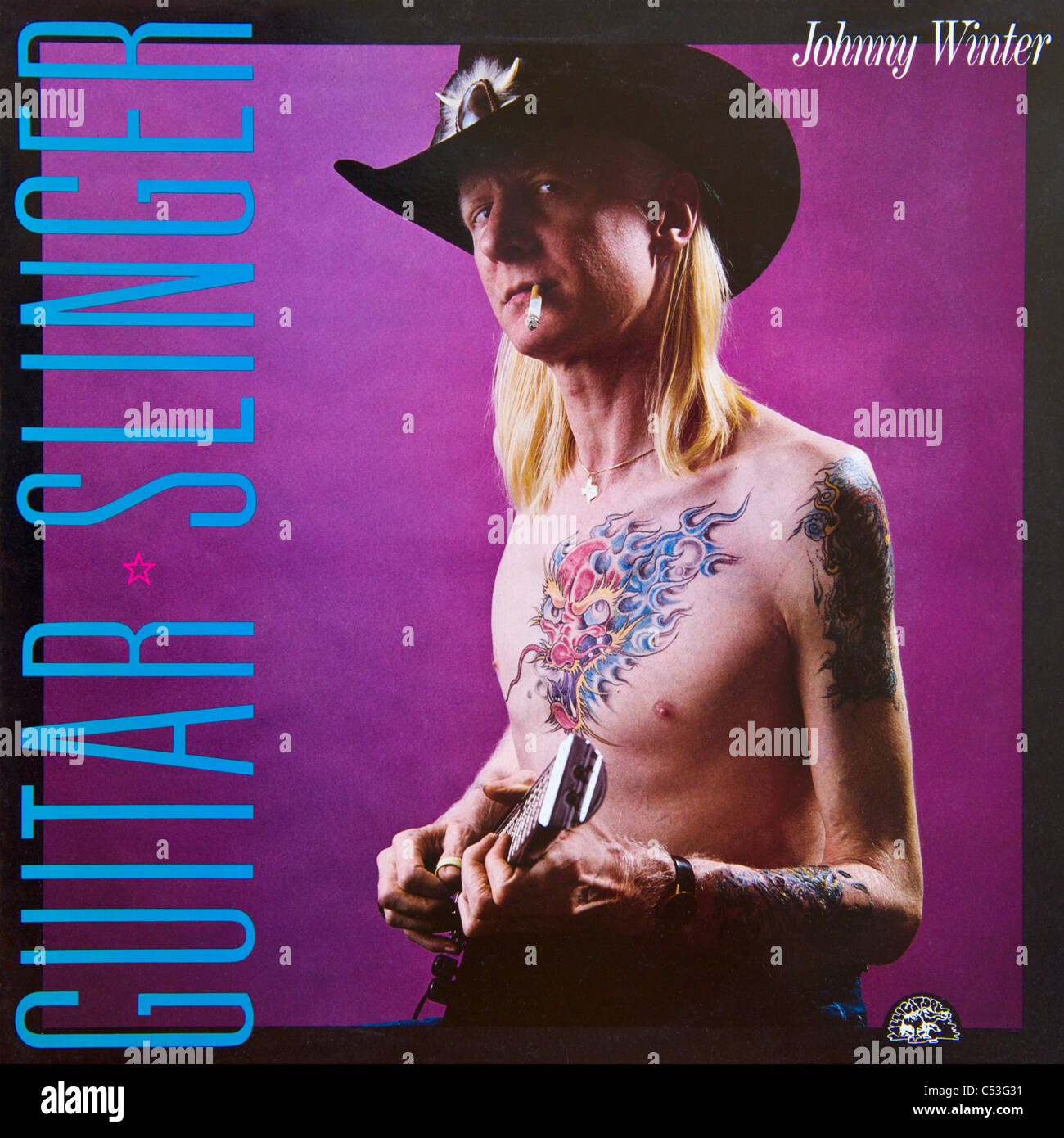 Couverture de l'album vinyle original Guitar Slinger par Johnny Winter 1984 parution sur dossiers Sonet Banque D'Images