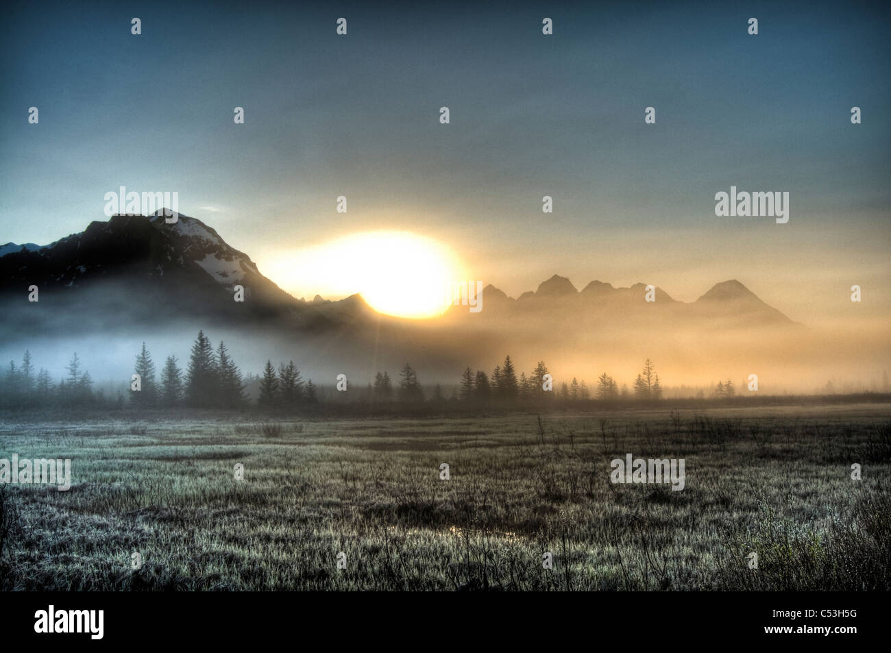 Le brouillard du matin se bloque sur le terrain près de la rivière Copper Highway, le lever du soleil, les montagnes Chugach, Alaska, la Forêt Nationale de Chugach Banque D'Images