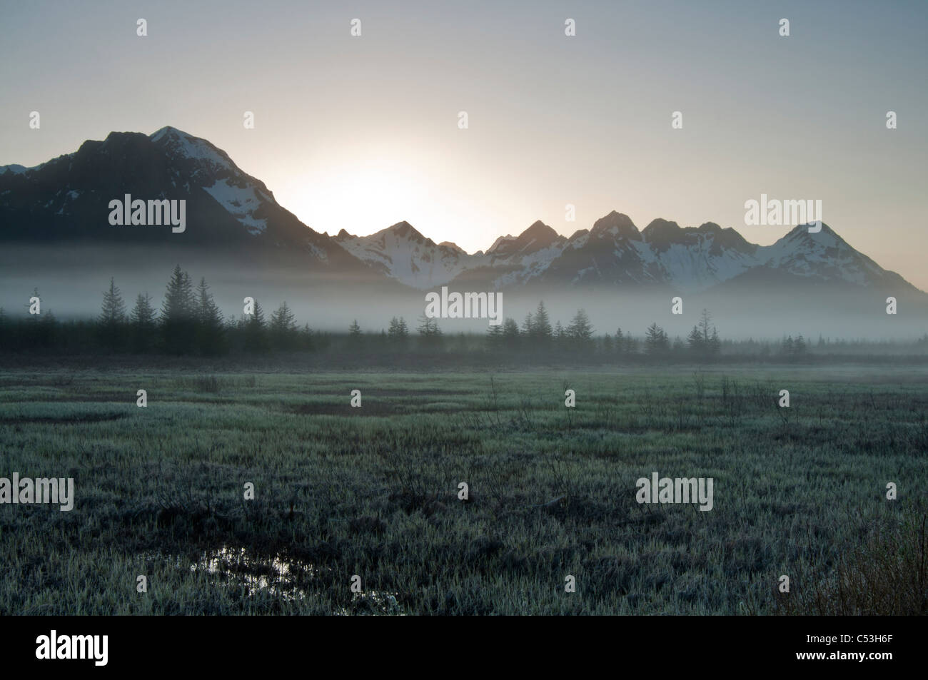 Le brouillard du matin se bloque sur le terrain près de la rivière Copper Highway, le lever du soleil, les montagnes Chugach, Alaska, la Forêt Nationale de Chugach Banque D'Images