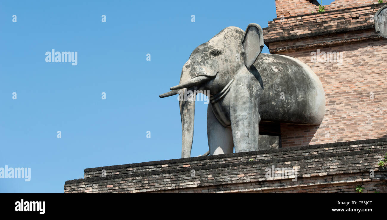 Statue de l'éléphant au Wat Chedi Luang, Chiang Mai, Thaïlande Banque D'Images