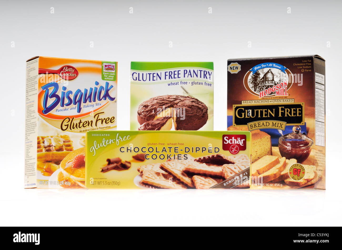 Sélection de plats sans gluten et des produits de boulangerie sur fond blanc USA Banque D'Images