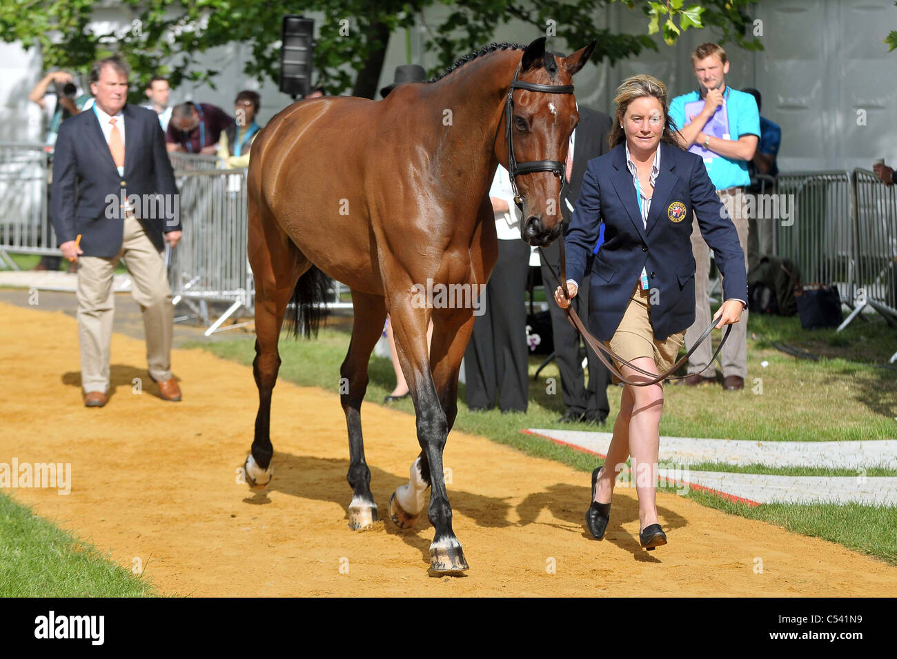 Les juges inspectent la Piggy French et de DHI Topper W (Grande-Bretagne), mais elle n'obtient pas un passage droit et est mis en attente. Banque D'Images