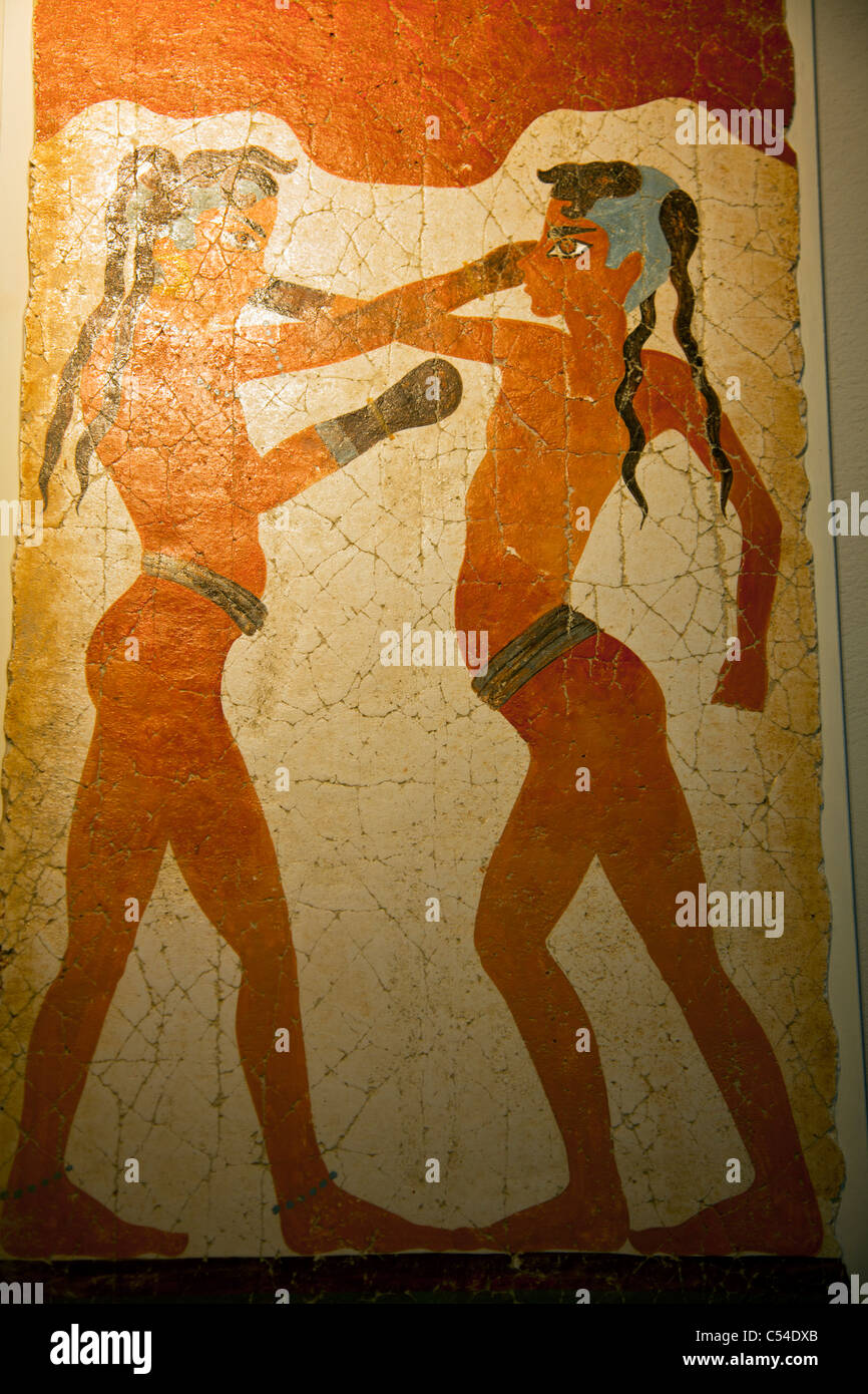 Thira, Santorin, île grecque, Cyclades, Grèce, scène emblématique d'enfants la boxe de l'antiquité Banque D'Images