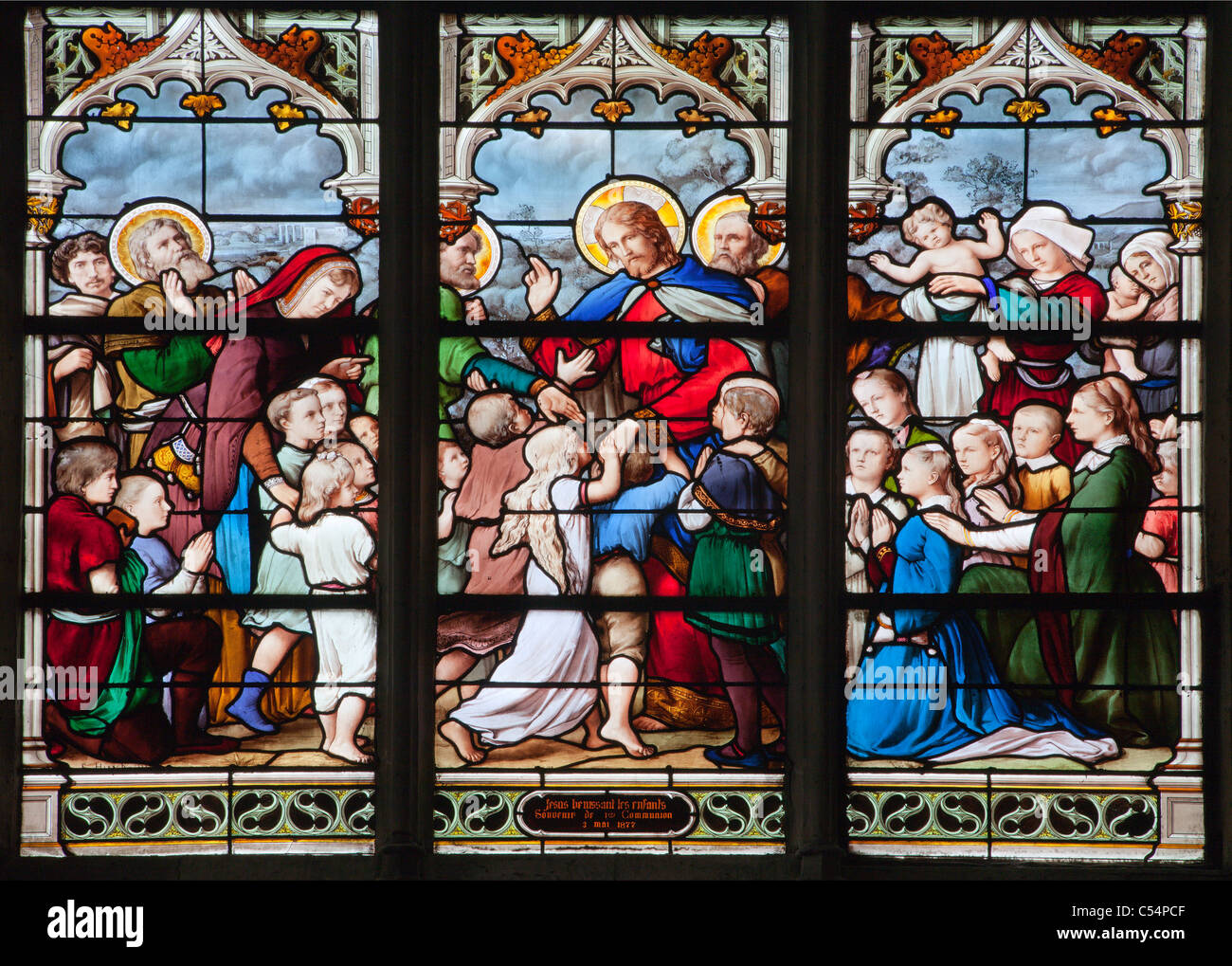 Paris - vitrage de Saint Severin église gothique - Jésus avec les enfants Banque D'Images