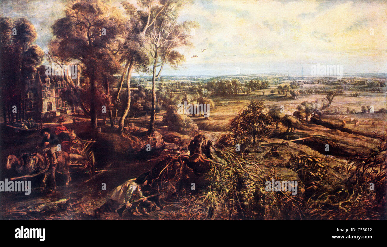 Paysage, automne, avec une vue sur le château de Steen ; peinture de Sir Peter Paul Rubens, la fin de l'école flamande ; années Banque D'Images