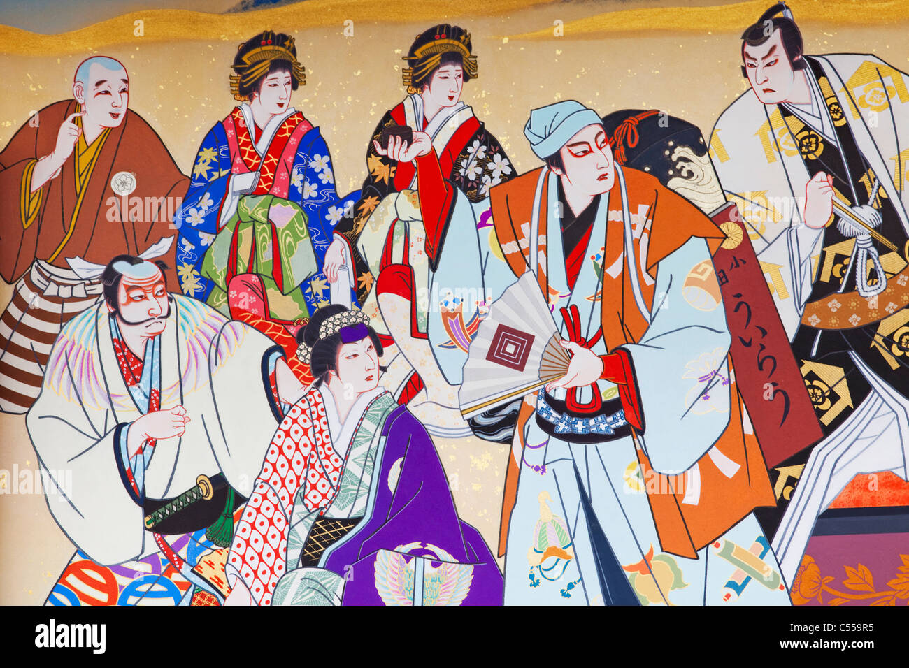 Détails de l'Ukiyo-e peinture représentant des caractères Kabuki, Minami-za, préfecture de Kyoto, la région de Kinki, Honshu, Japan Banque D'Images