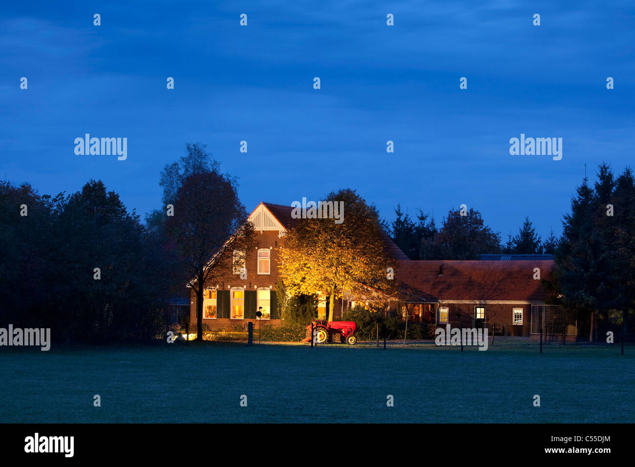 Les Pays-Bas, Winterswijk, couleurs d'automne, arbres, ferme et vieux tracteur en projecteur. Banque D'Images