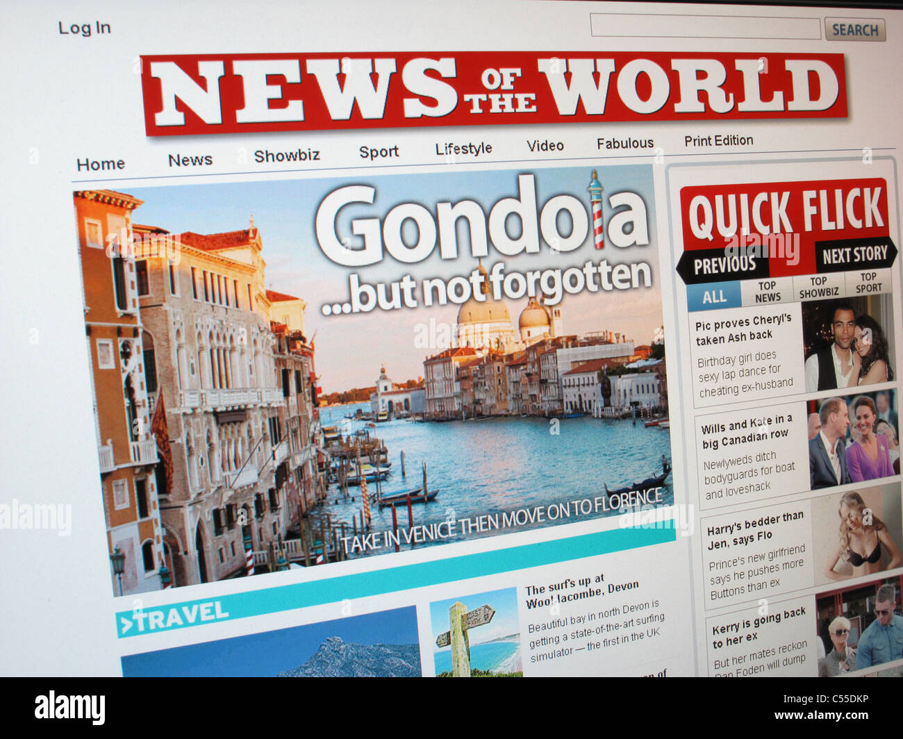 En-tête ironique légende en section Voyages des news du monde site web en ligne à notw.co.uk - 'Gondola...mais pas oublié' Banque D'Images