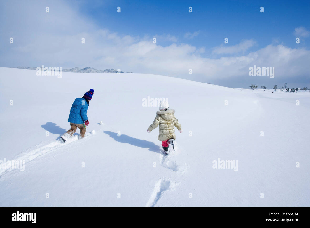 Les enfants courent le champ de neige Banque D'Images