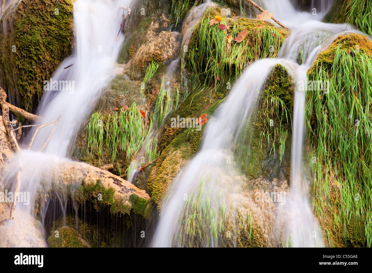 L'eau du ruisseau qui coule en cascade pittoresque sur les rochers couverts de mousse et d'herbe Banque D'Images