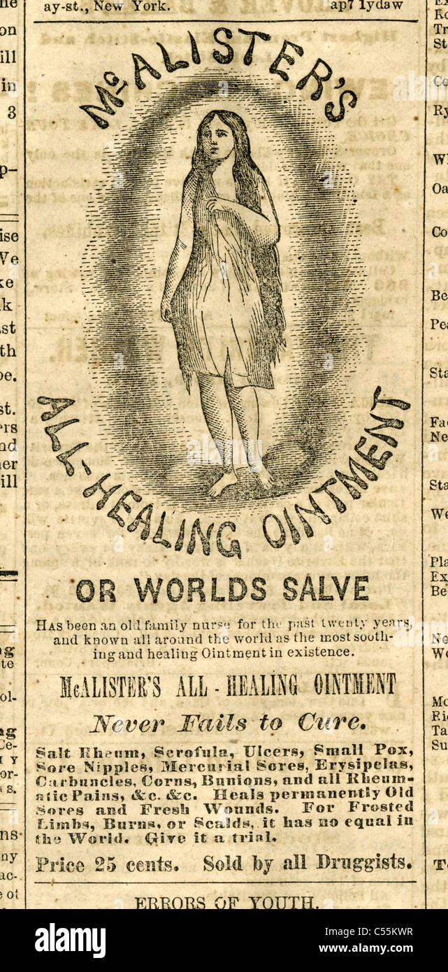 1867 gravure, McAlister's All-Healing ou Pommade Pommade du monde, ne manque jamais de remède. Banque D'Images