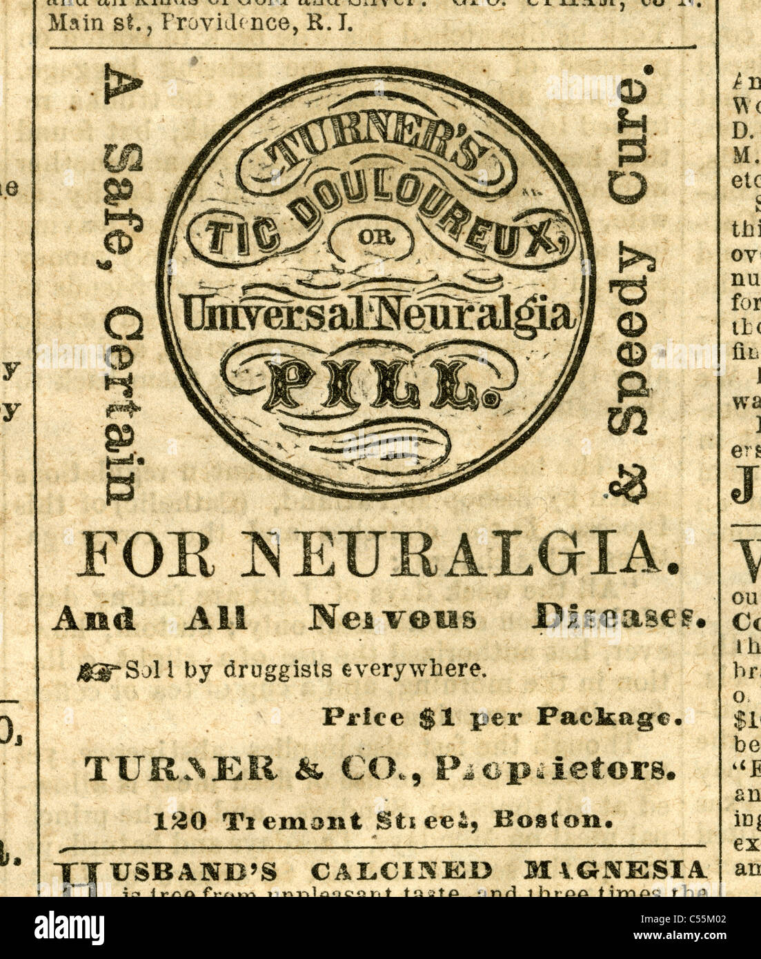 1867 gravure, Turner's névralgie universel pour toutes les pilules, les maladies nerveuses 120 Tremont Street, Boston, Massachusetts. Banque D'Images