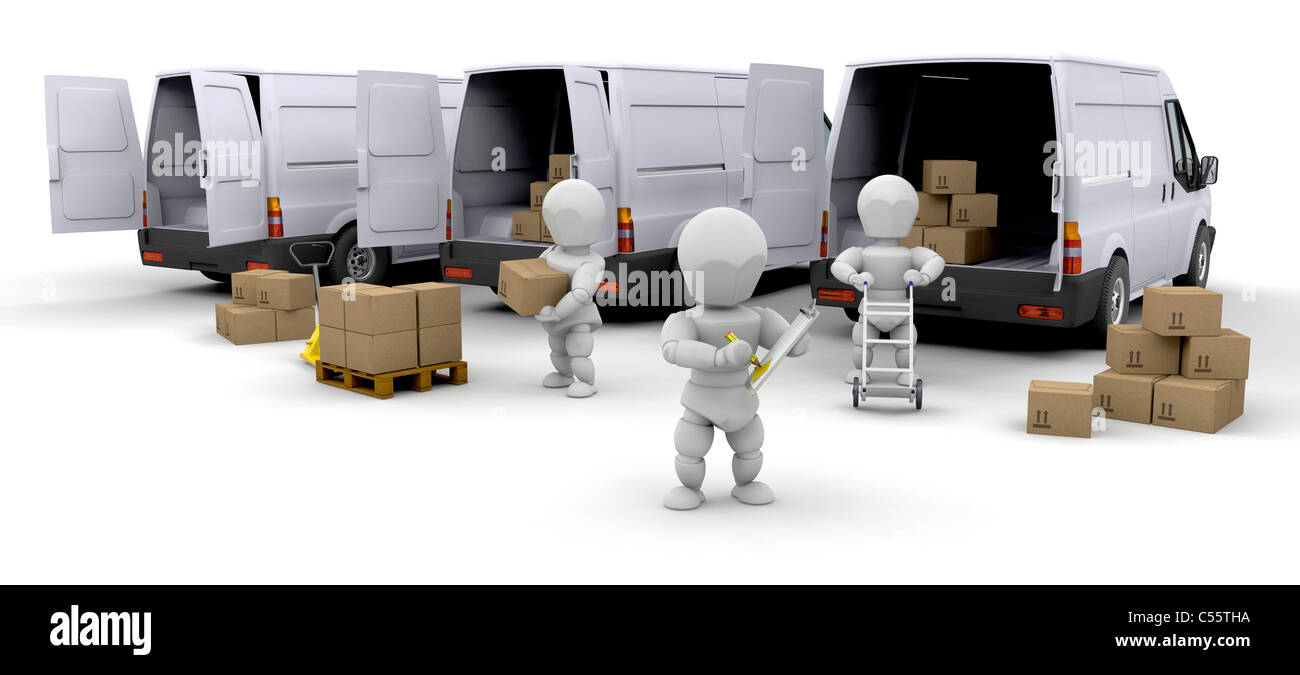 Chargement des travailleurs dans les boîtes de camions de livraison Banque D'Images