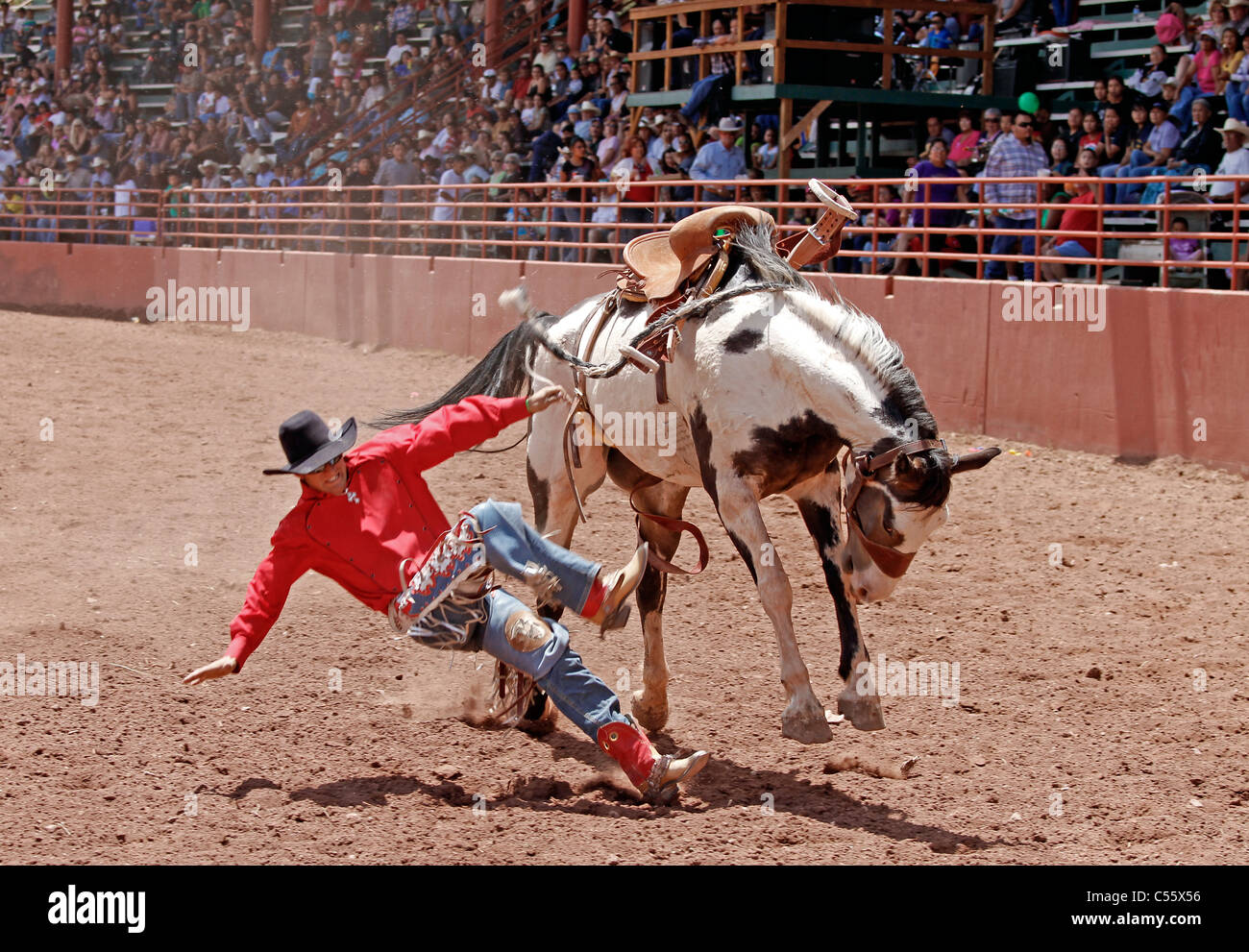 Concurrent sur le bronco riding événement au rodéo indien annuel annuel tenu à Mescalero, Nouveau Mexique. Banque D'Images