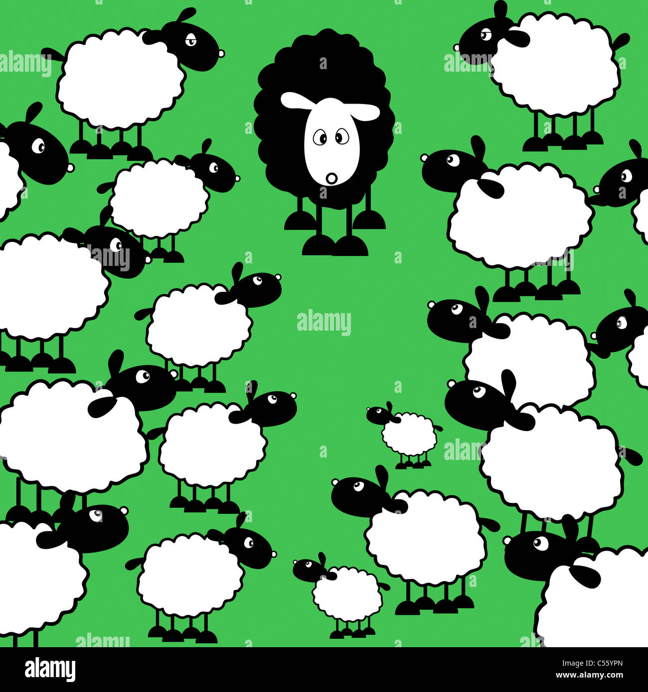 Un mouton noir parmi beaucoup de moutons blancs Banque D'Images