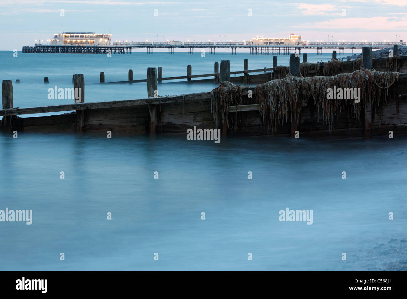Jetée de Worthing et épi couvert de défense de la mer aux algues de la plage dans la lumière du soir Banque D'Images