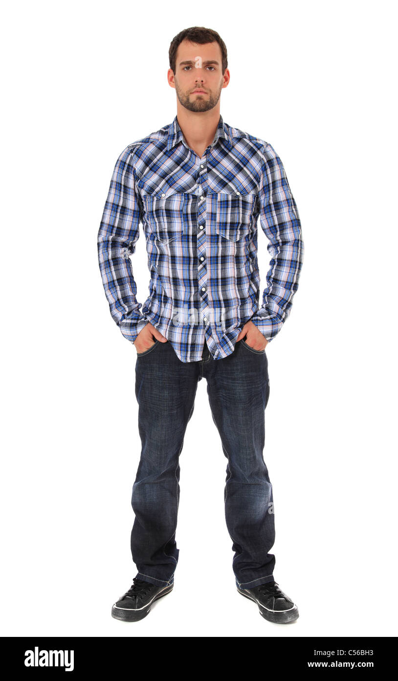 Longueur totale d'un joli coup de jeune homme. Le tout sur fond blanc. Banque D'Images