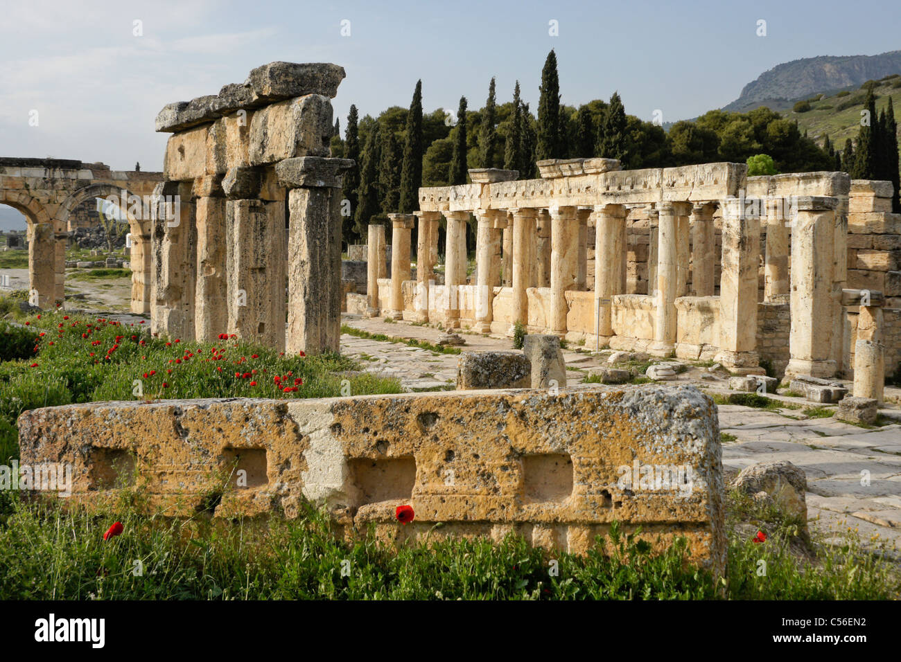 La rue à colonnade et de latrines, Hierapolis-Pamukkale, Turquie Banque D'Images