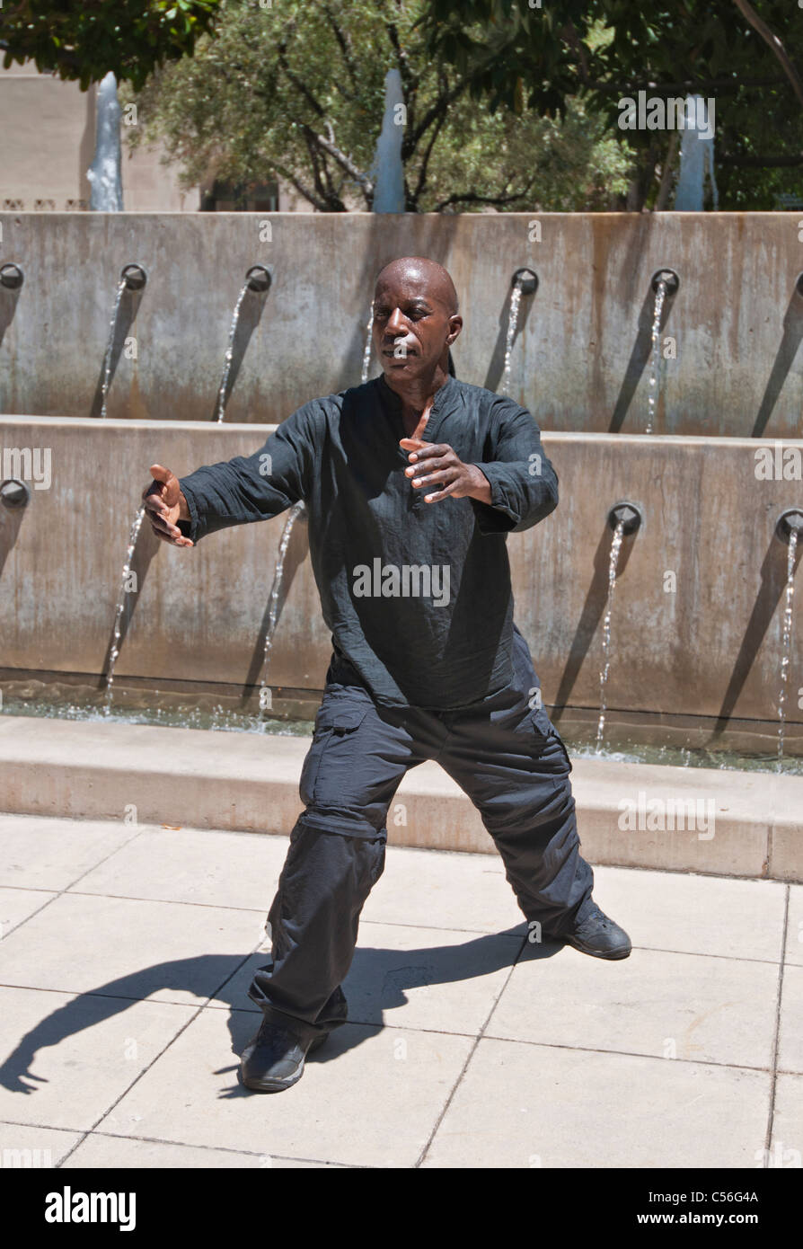 Man practicing Tai Chi, devant une fontaine. Banque D'Images